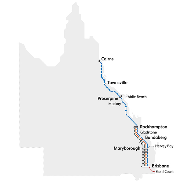 Map of network showing all coastal services available on the Queensland Coastal Pass between Brisbane and Cairns. Details available in page text